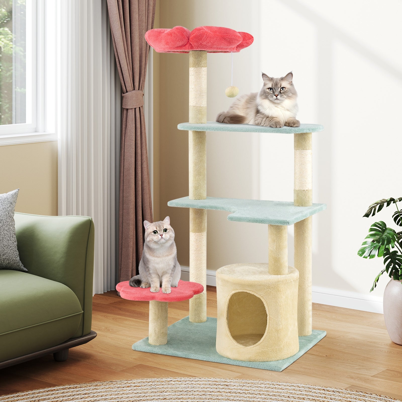 49 Inch Tall Multi-Level Aesthetic Floral Kitten Tower with Flower-Shaped Plush - view 3