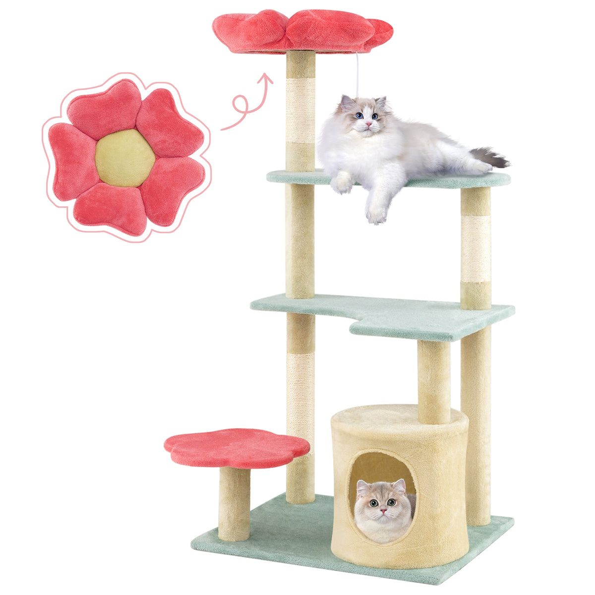 49 Inch Tall Multi-Level Aesthetic Floral Kitten Tower with Flower-Shaped Plush