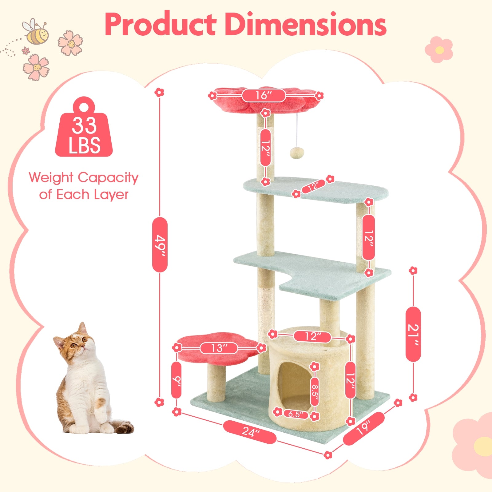 49 Inch Tall Multi-Level Aesthetic Floral Kitten Tower with Flower-Shaped Plush - view 5