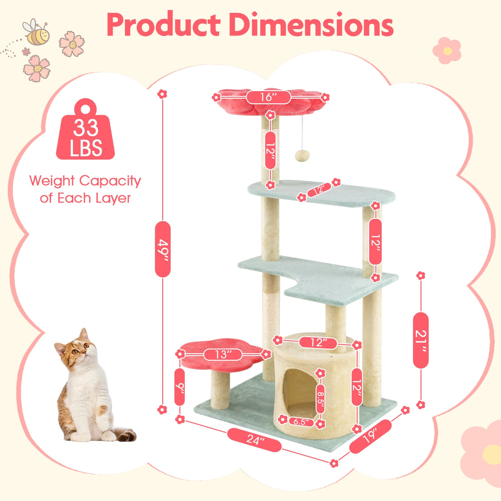 49 Inch Tall Multi-Level Aesthetic Floral Kitten Tower with Flower-Shaped Plush - view 5