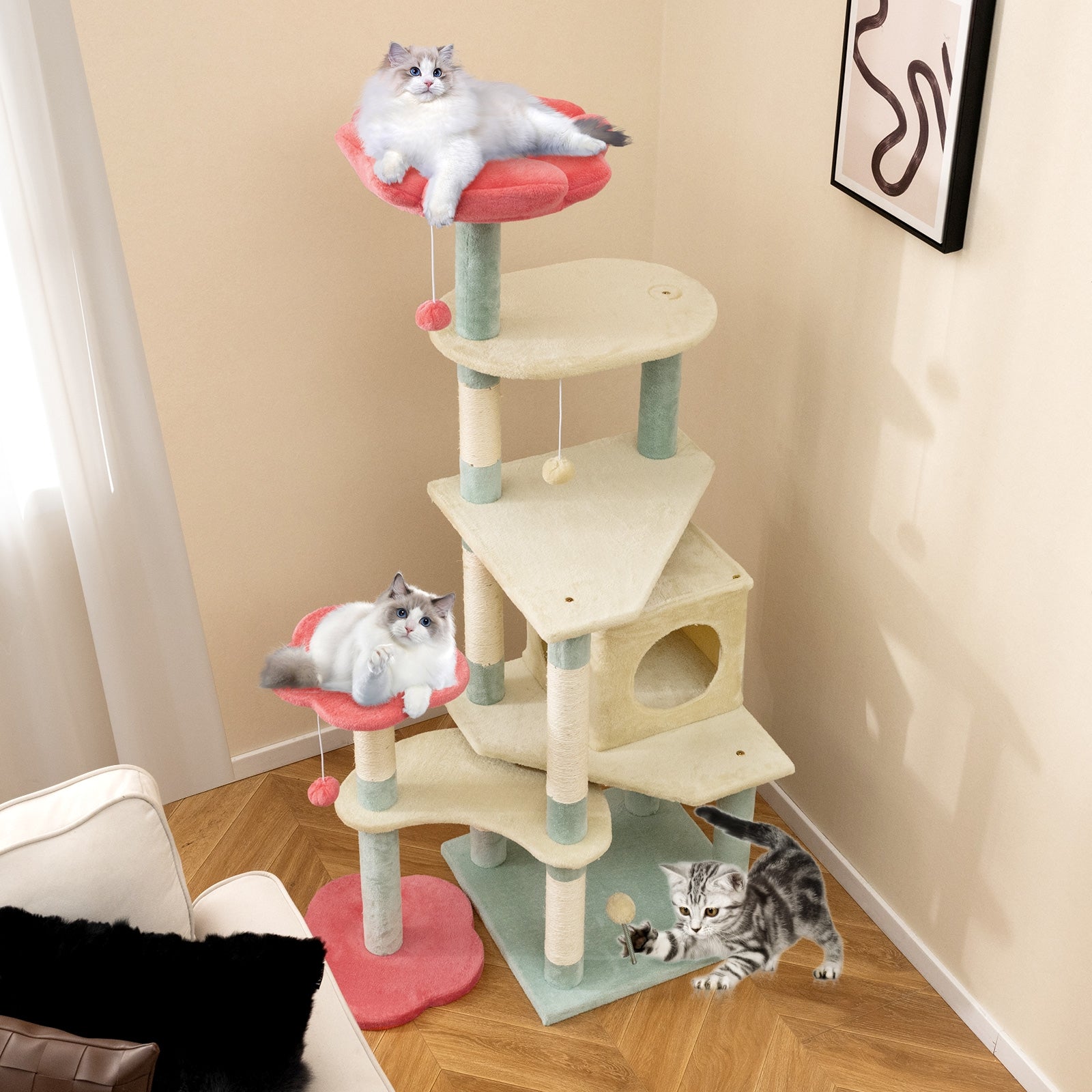 61 Inch Multi-Level Aesthetic Floral Kitten Tower with Flower-Shaped Padded - view 2