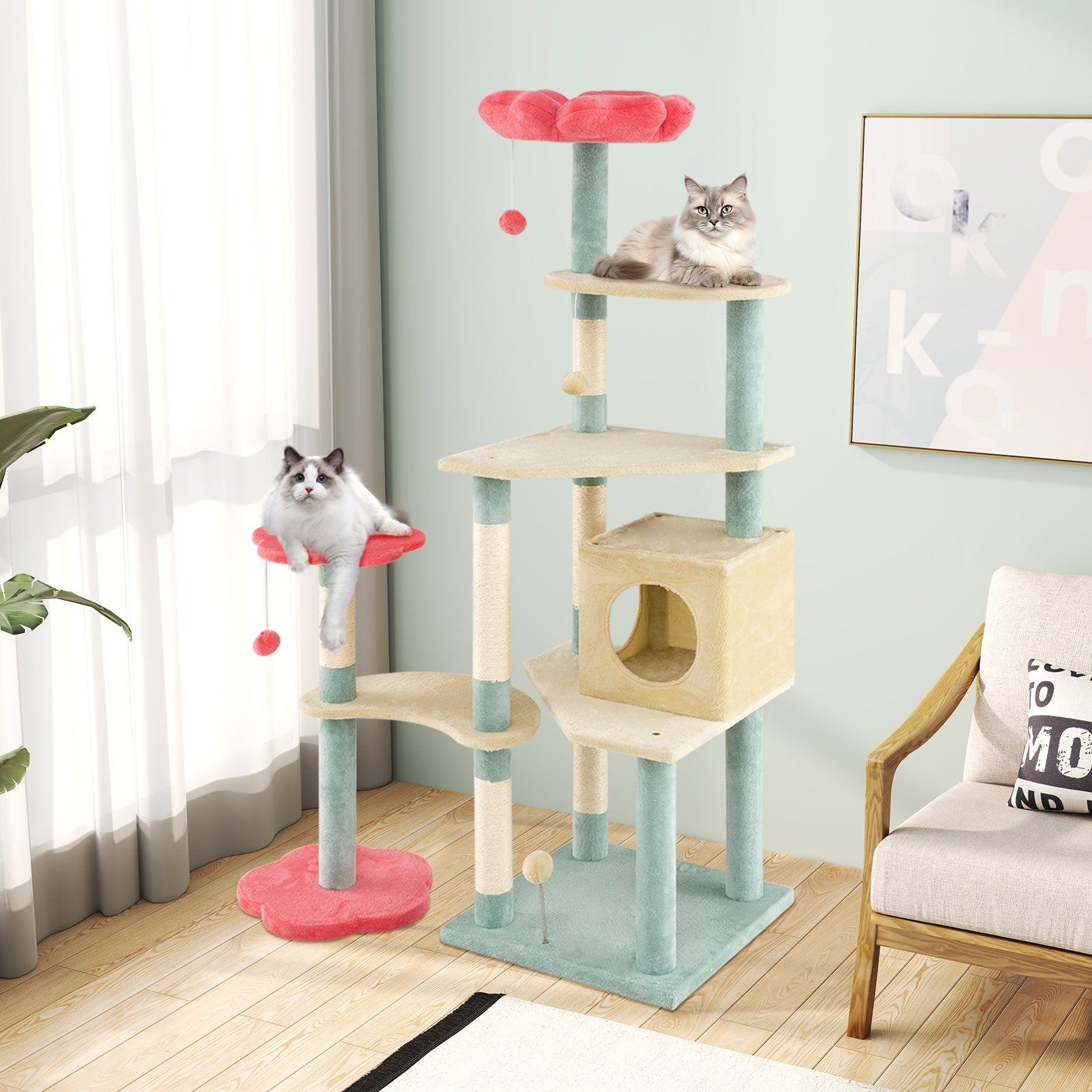 61 Inch Multi-Level Aesthetic Floral Kitten Tower with Flower-Shaped Padded - view 3