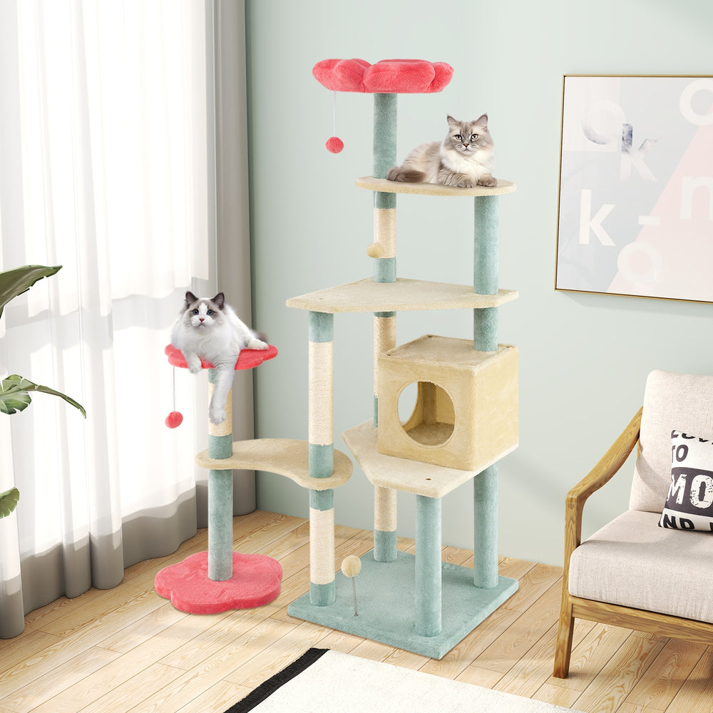 61 Inch Multi-Level Aesthetic Floral Kitten Tower with Flower-Shaped Padded - view 3