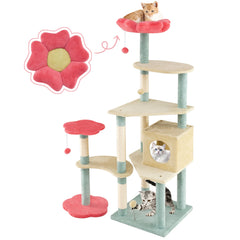61 Inch Multi-Level Aesthetic Floral Kitten Tower with Flower-Shaped Padded