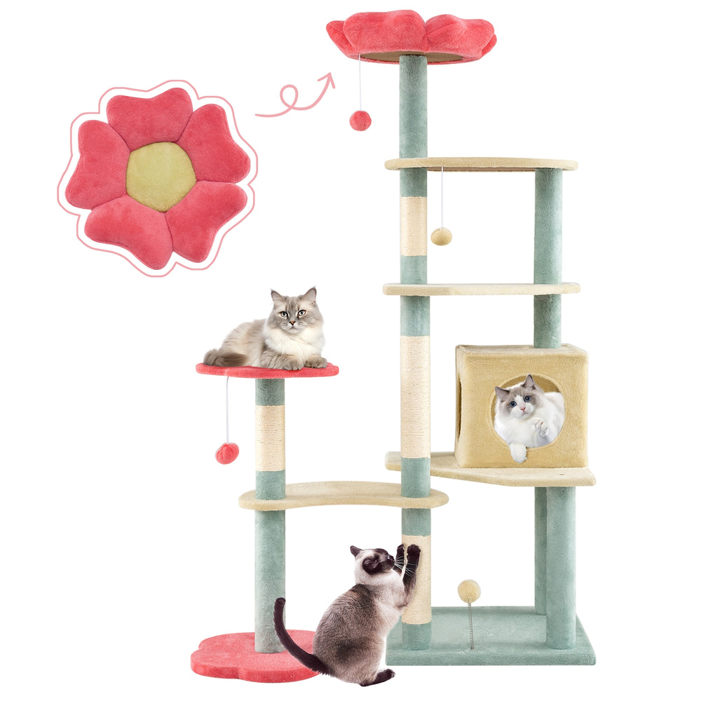 61 Inch Multi-Level Aesthetic Floral Kitten Tower with Flower-Shaped Padded - view 4
