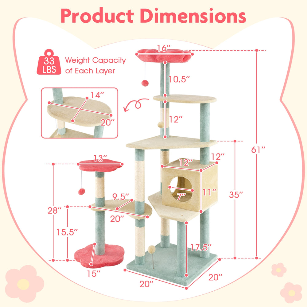 61 Inch Multi-Level Aesthetic Floral Kitten Tower with Flower-Shaped Padded - view 5