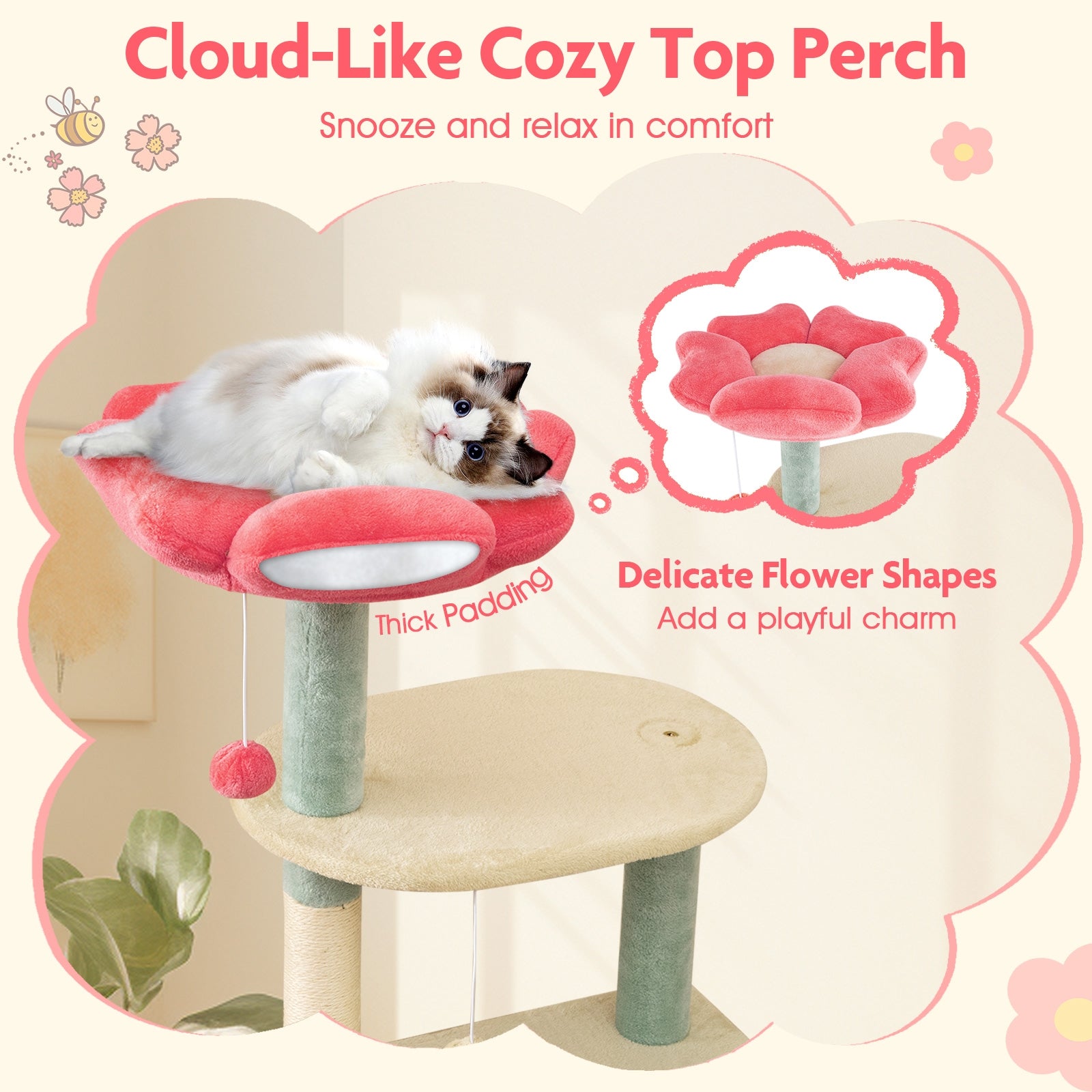 61 Inch Multi-Level Aesthetic Floral Kitten Tower with Flower-Shaped Padded - view 6