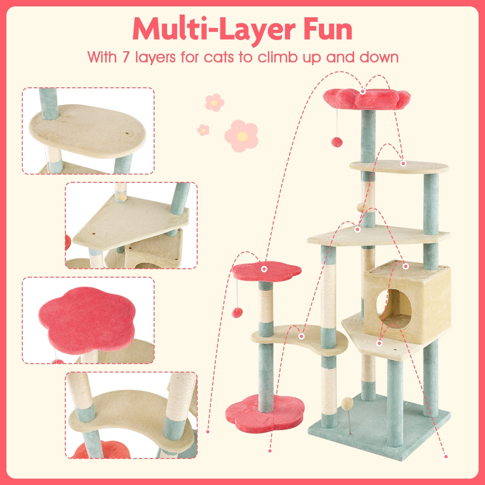 61 Inch Multi-Level Aesthetic Floral Kitten Tower with Flower-Shaped Padded - view 8