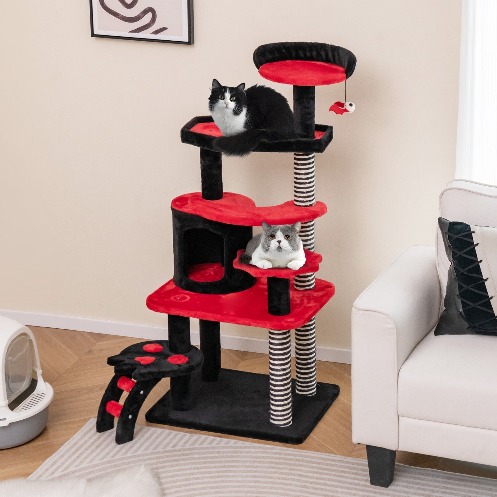 Gothic Cat Tree with Cat Bed Cat Condo and Sisal Scratching Post-Black & Red - view 2