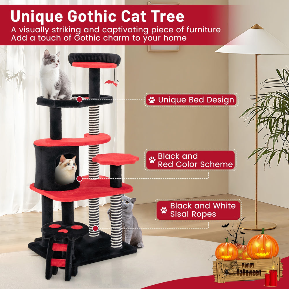 Gothic Cat Tree with Cat Bed Cat Condo and Sisal Scratching Post-Black & Red - view 7