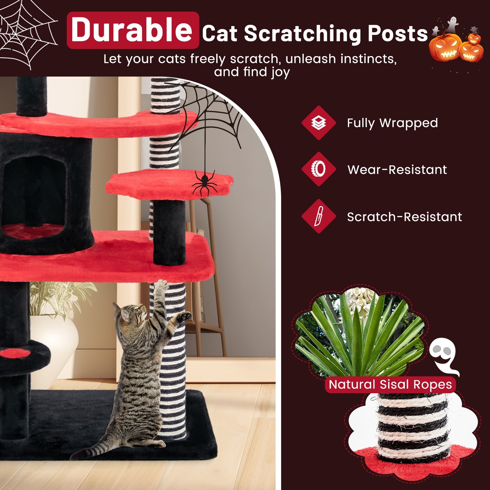 Gothic Cat Tree with Cat Bed Cat Condo and Sisal Scratching Post-Black & Red - view 8