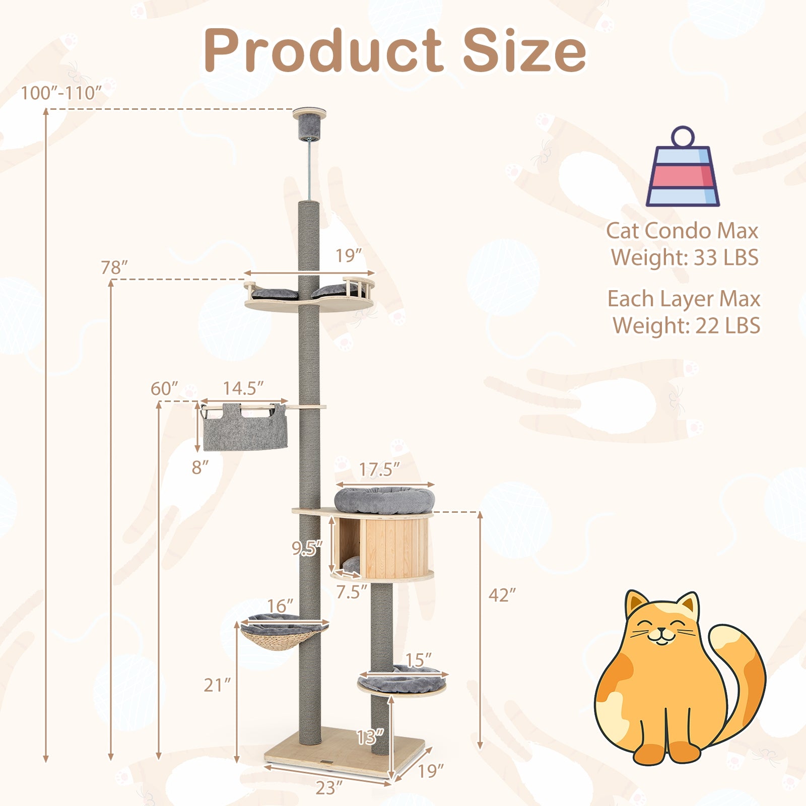 6-tier Floor-to-Ceiling Cat Tree 100-110 Inches Adjustable Height - view 4
