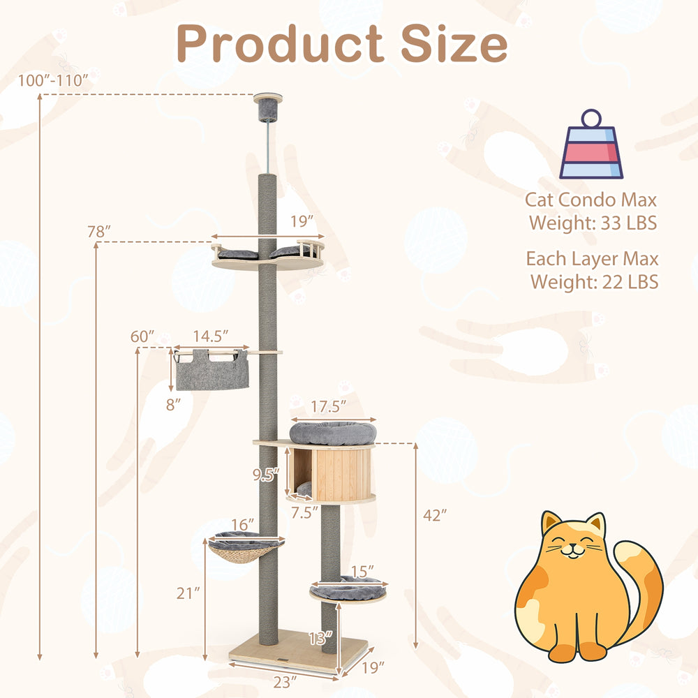 6-tier Floor-to-Ceiling Cat Tree 100-110 Inches Adjustable Height - view 4