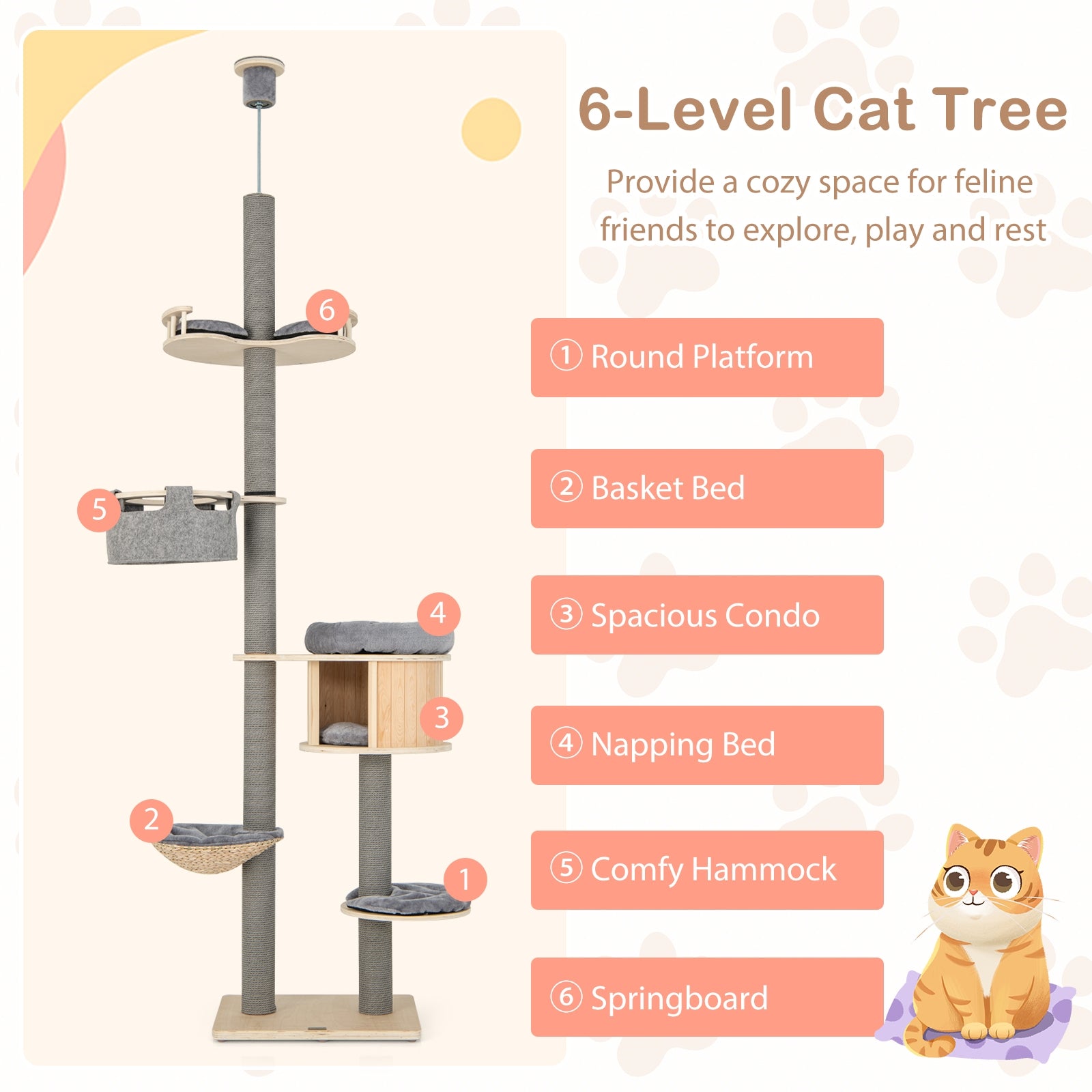 6-tier Floor-to-Ceiling Cat Tree 100-110 Inches Adjustable Height - view 7