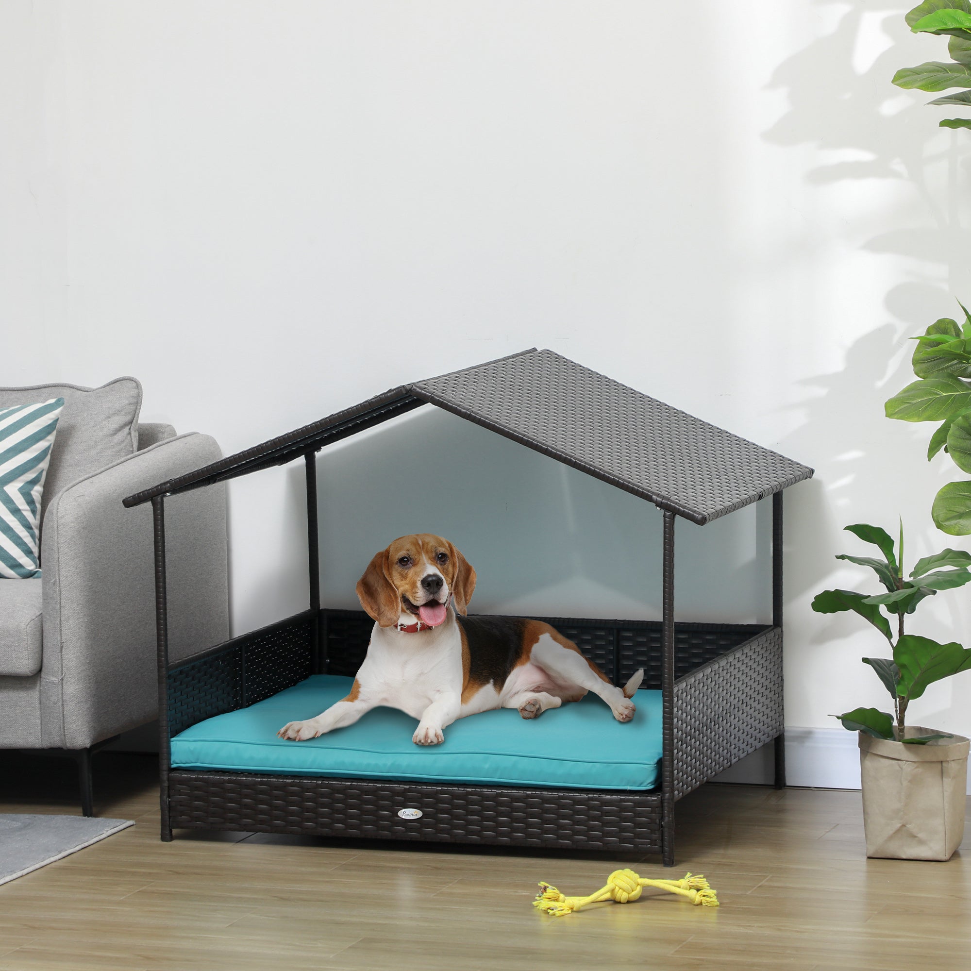 Rattan Dog House with Canopy, Wicker Dog Bed with Water-Resistant Cushion - view 7