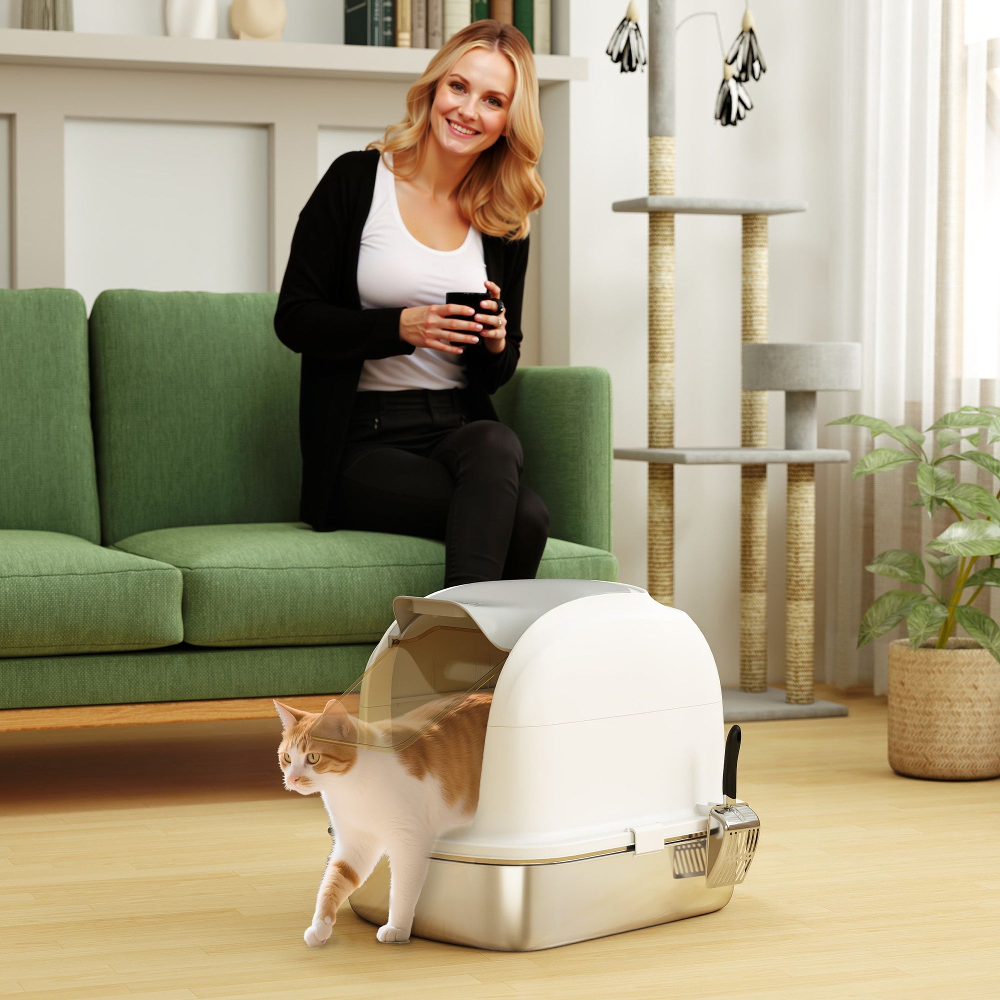 Large Stainless Steel Cat Litter Box with Lid, Enclosed Cat Litter Box - view 7