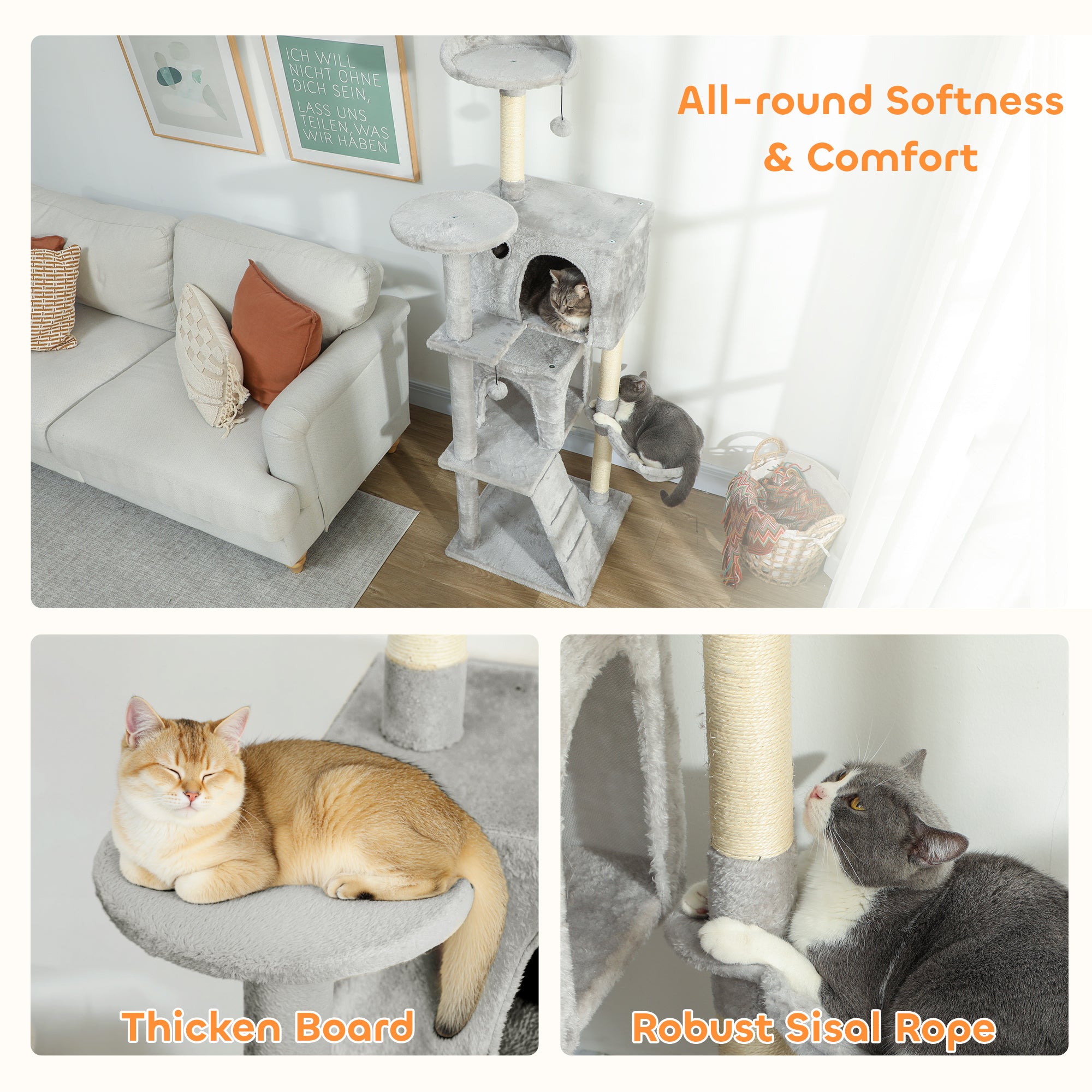 63 Inch Cat Tree with Sisal Scratching Posts, Condos, Plush Perches, Hammock - view 6