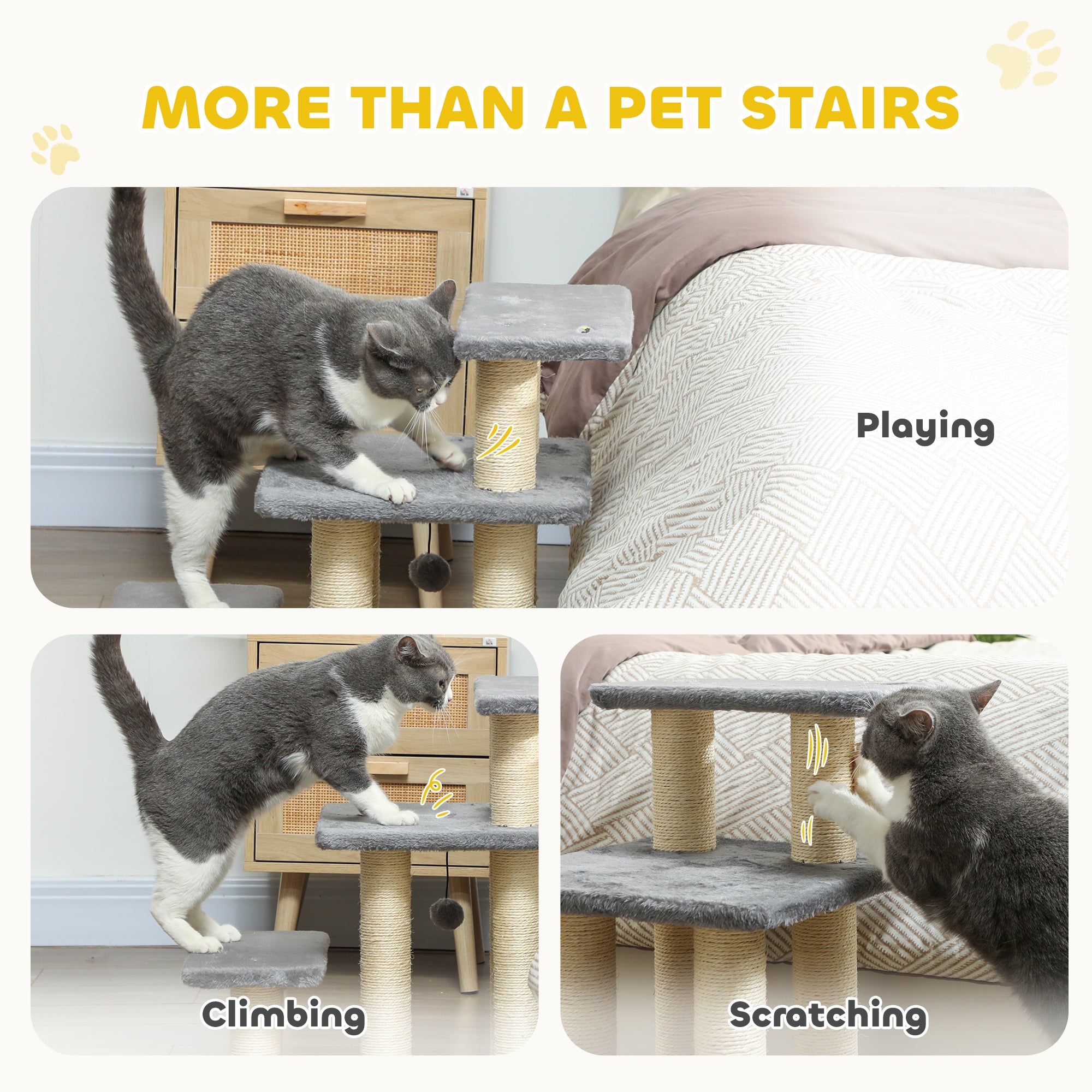 Cat Stairs with 2 Sisal Scratching Post for High Bed Couch, Adjustable 3-Tier - view 5