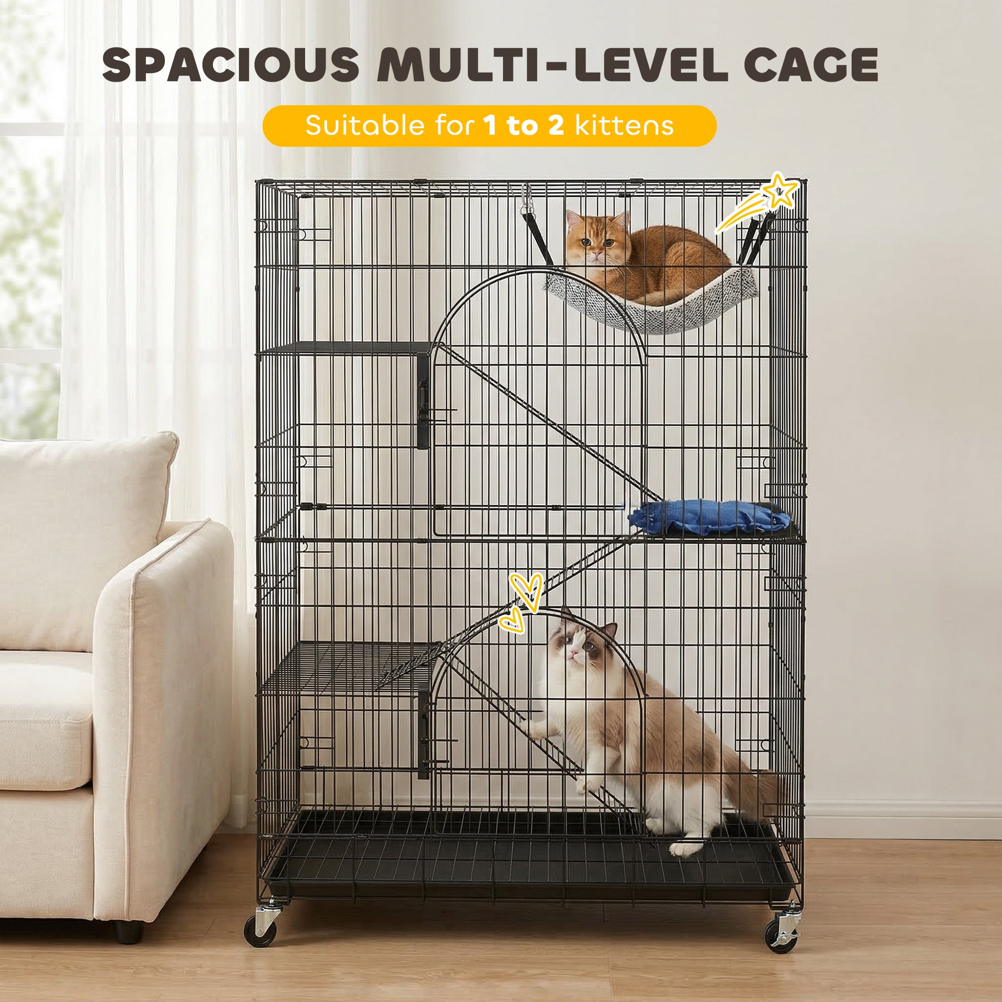 4-Tier Cat Cage, Large Cat Enclosure with Lockable Wheels, Tray, Hammock, Bed - view 3