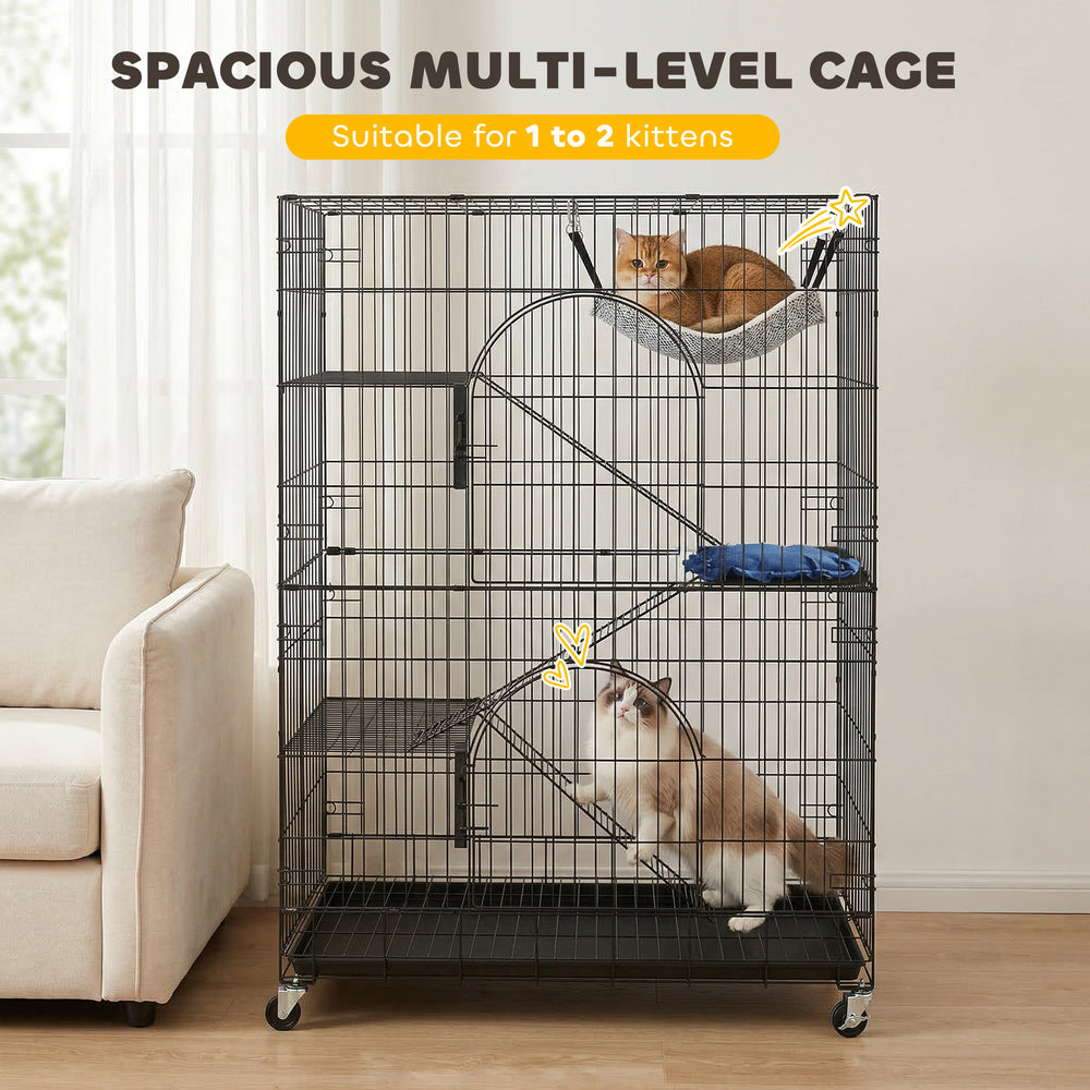 4-Tier Cat Cage, Large Cat Enclosure with Lockable Wheels, Tray, Hammock, Bed - view 3