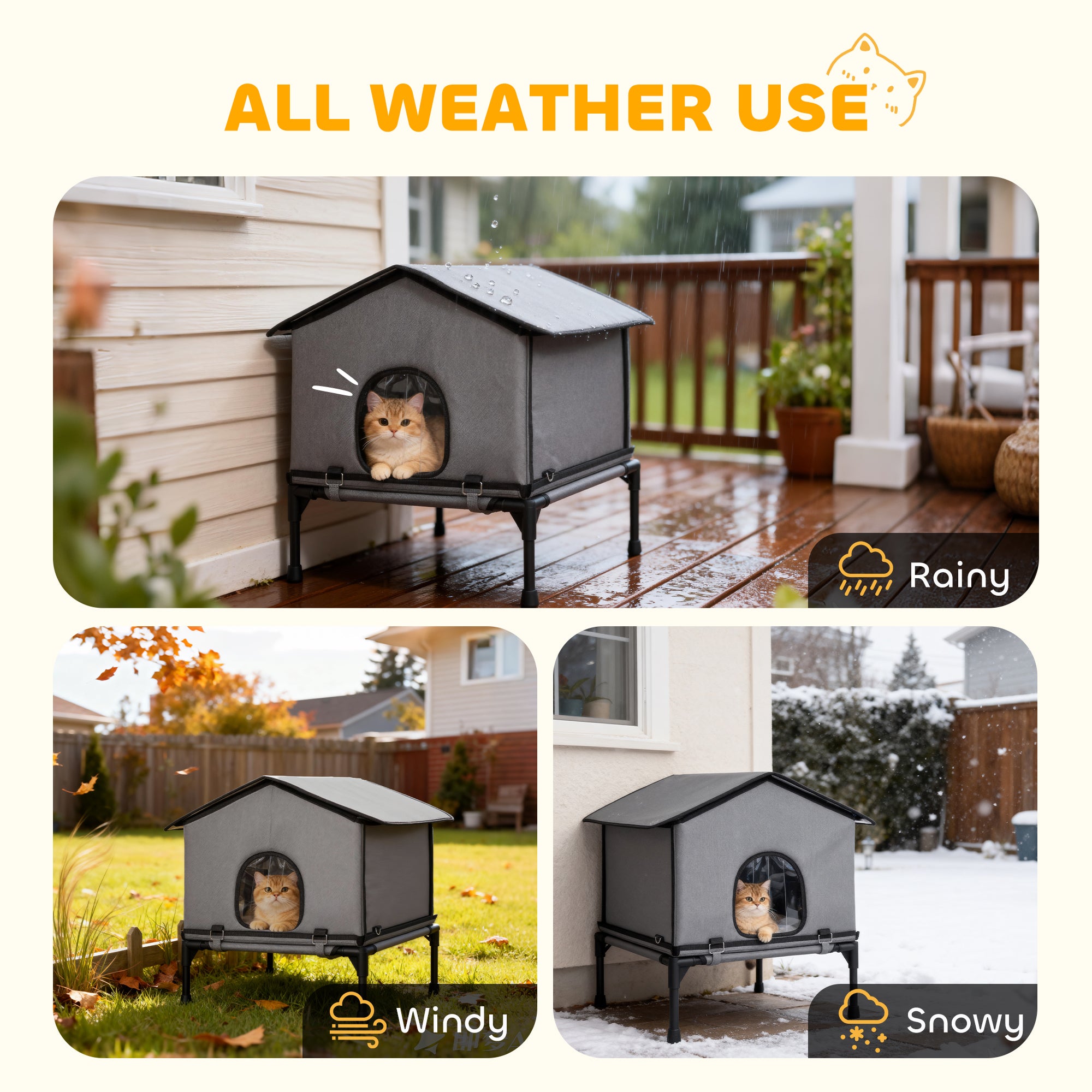 Outdoor Cat House, Waterproof Insulated Cat Kennel with Elevated Base, Foldable - view 4