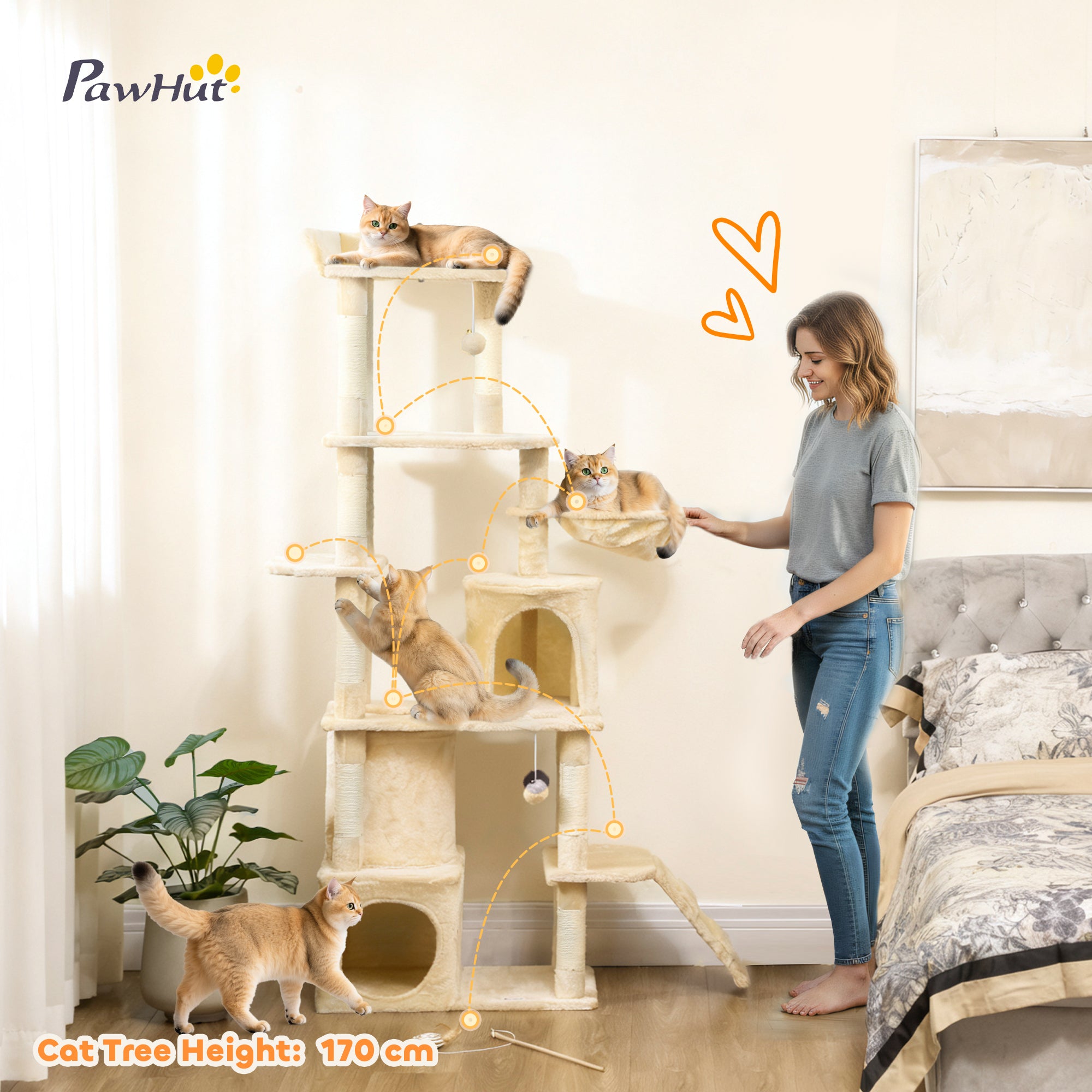 67" Large Cat Tree with 7 Scratching Posts, Tunnel, 2 Condos, Hammock, Perch - view 3