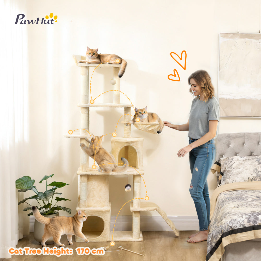67" Large Cat Tree with 7 Scratching Posts, Tunnel, 2 Condos, Hammock, Perch - view 3