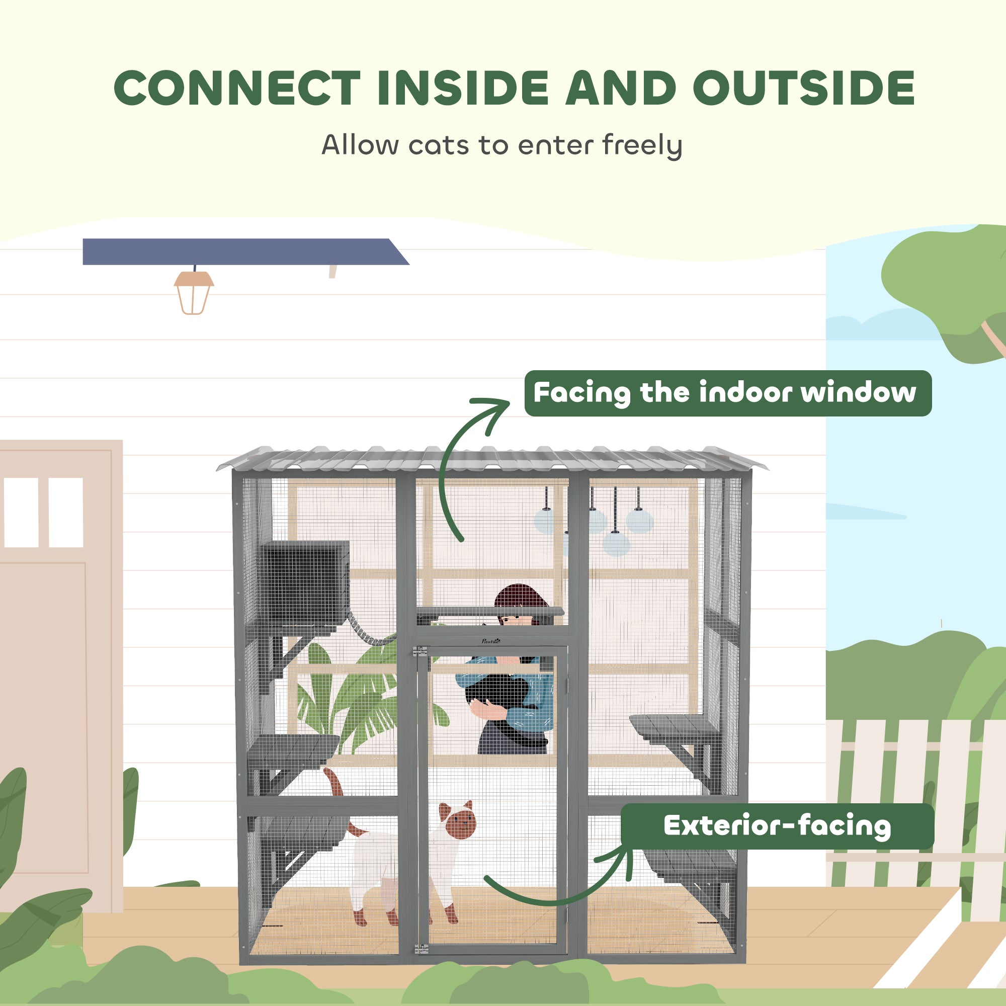 Large Outdoor Catio with Weatherproof Roof, Bridge, Resting Box, Platforms - view 3