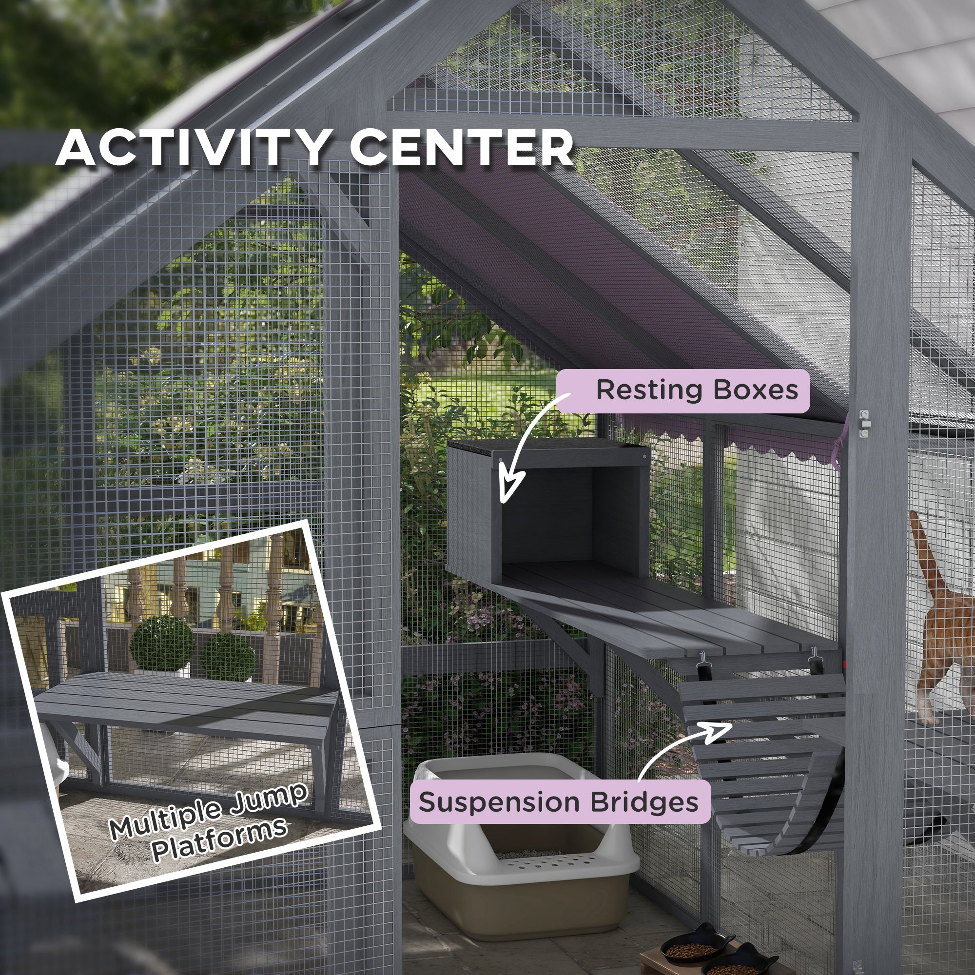 Outdoor Cat Enclosure Wooden Feral Cat House w/ Weatherproof Canopy, Bridges - view 4