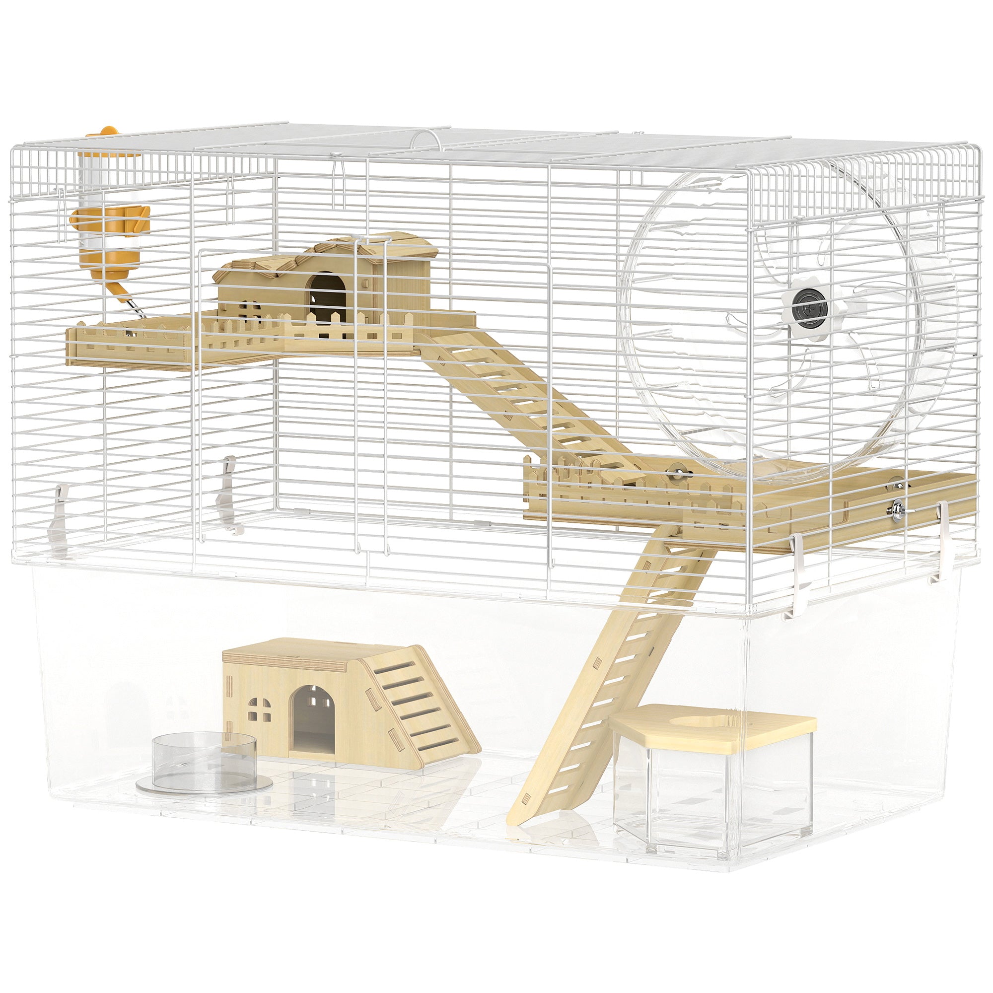 Hamster Cage with Deep Bottom, Wooden Ramp, Hut, Bathroom and Exercise Wheel