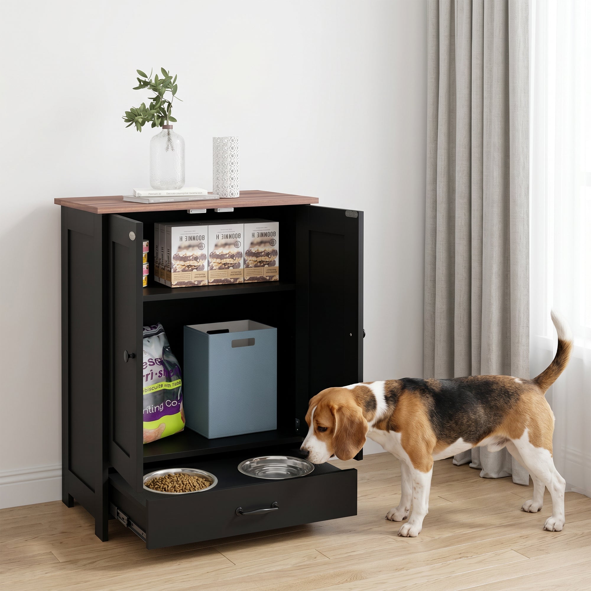 Pet Food Storage Container Dog Feeding Station w/ Adjustable Panel, Hooks - view 7