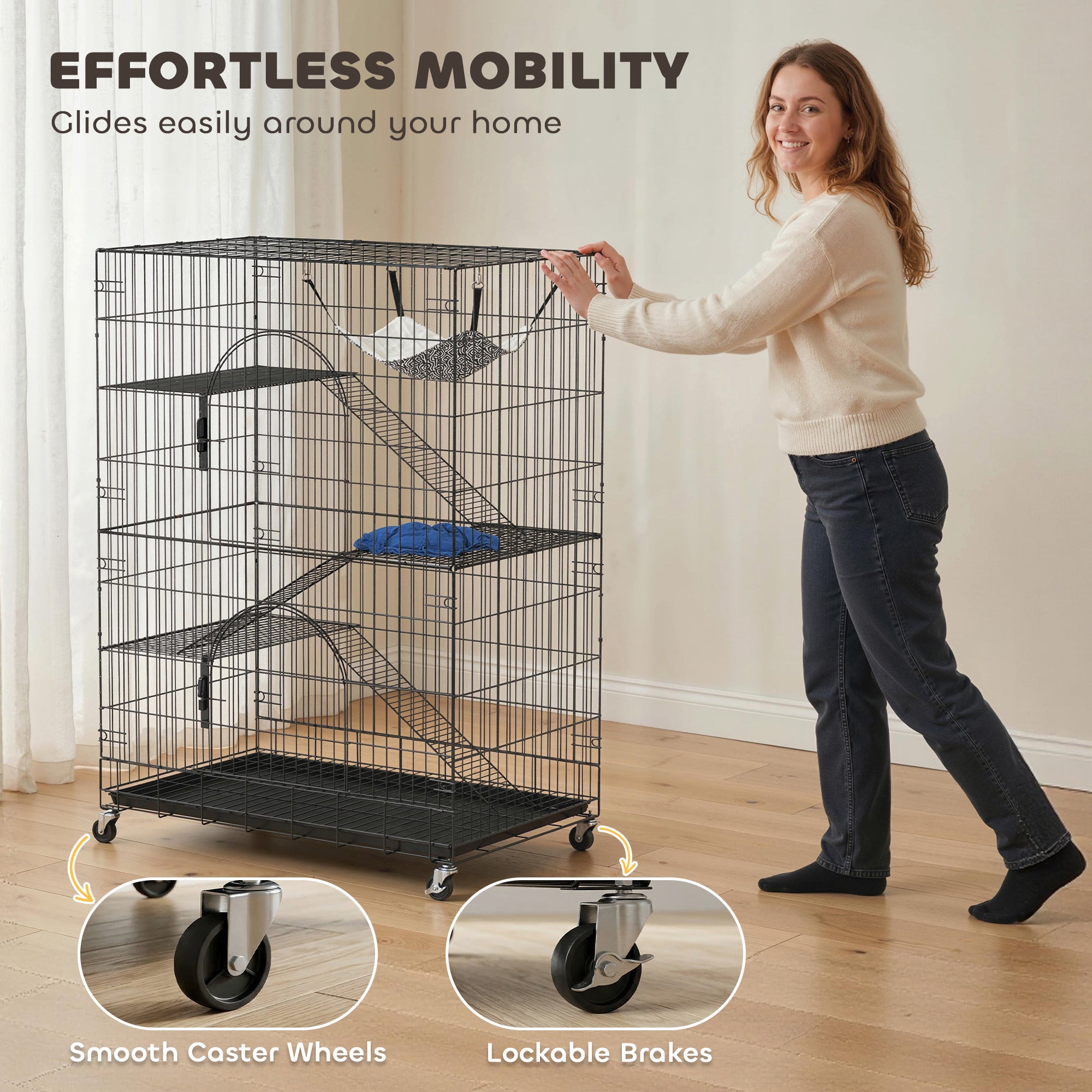 4-Tier Cat Cage, Large Cat Enclosure with Lockable Wheels, Tray, Hammock, Bed - view 4