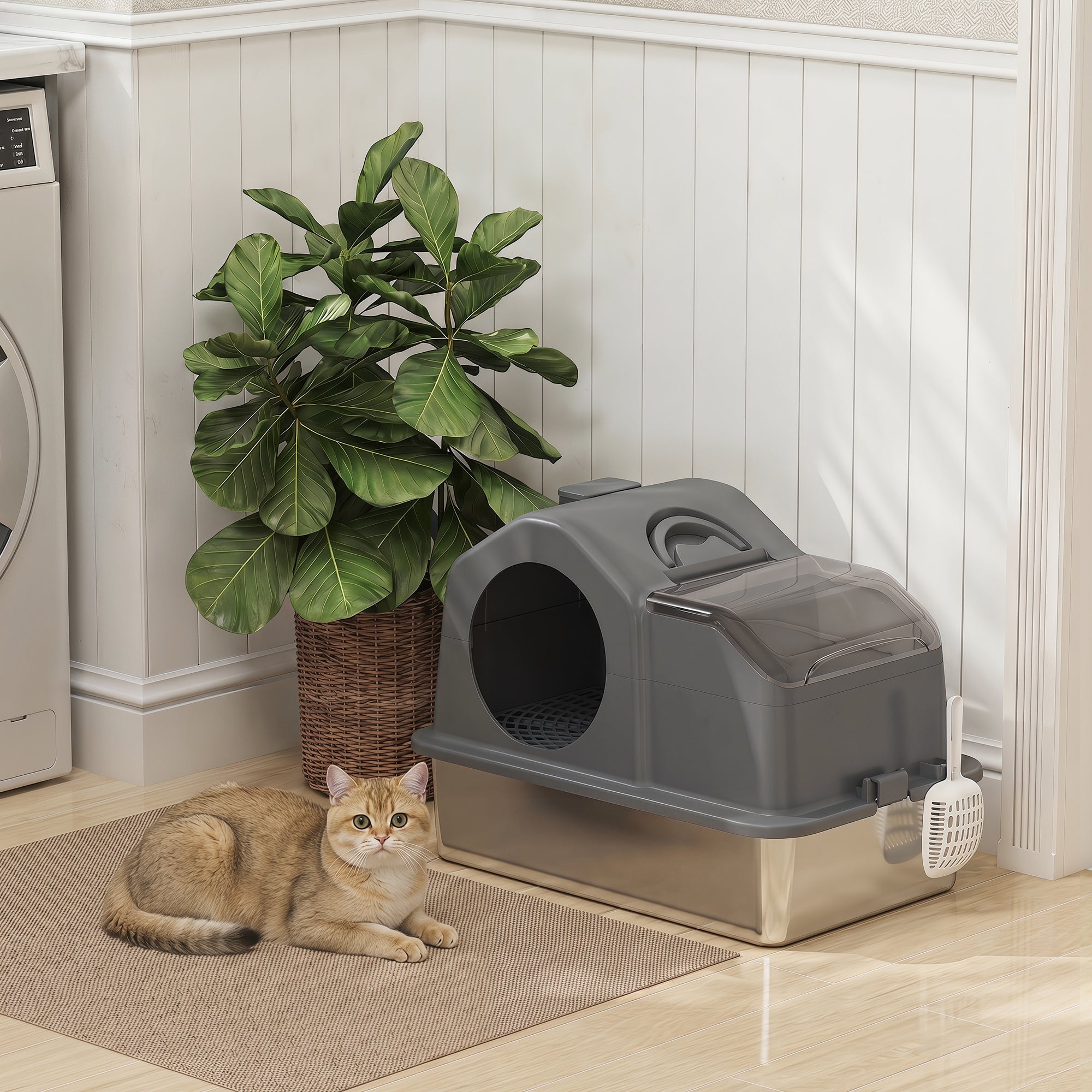 Extra Large Stainless Steel Cat Litter Box w/ High Sided, Removable Lid, Scoop - view 7