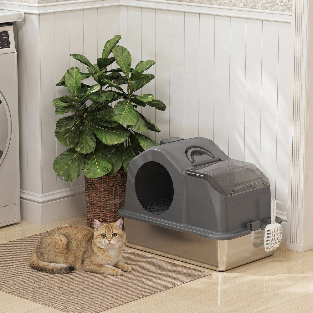 Extra Large Stainless Steel Cat Litter Box w/ High Sided, Removable Lid, Scoop - view 7