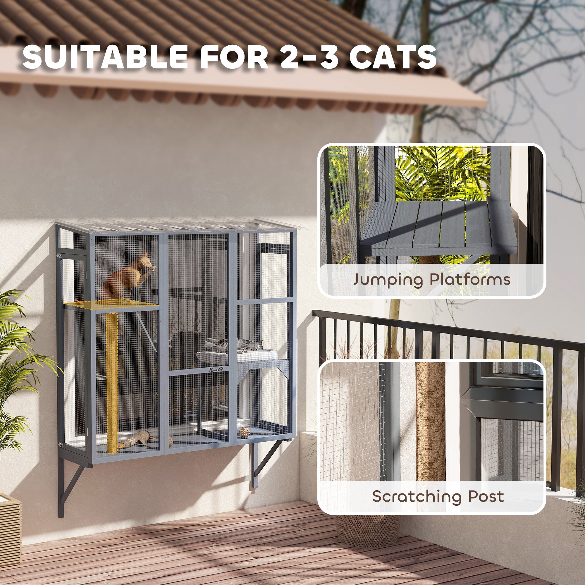 Wooden Catio Outdoor, Cat Window Box Enclosure for 2-3 Large Cats with 2 - view 4