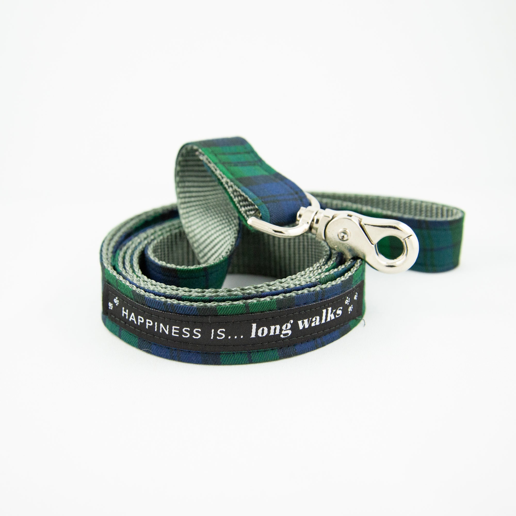HAPPI Blackwatch Tartan Dog Leash with black 'Happiness is... long walks' ribbon panel and silver swivel clip