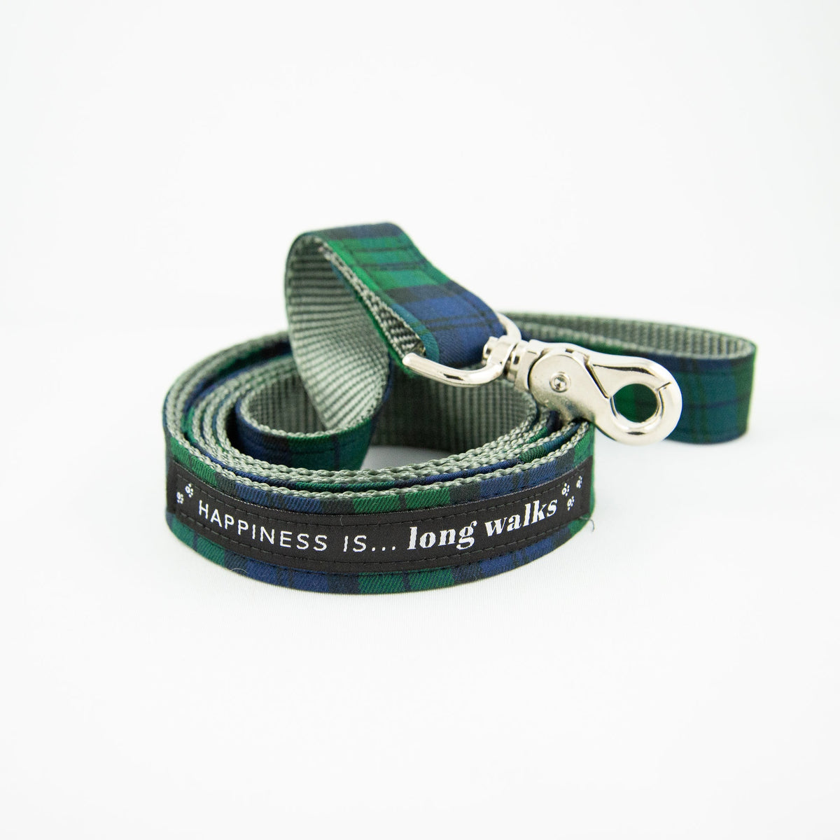 HAPPI Blackwatch Tartan Dog Leash with black 'Happiness is... long walks' ribbon panel and silver swivel clip