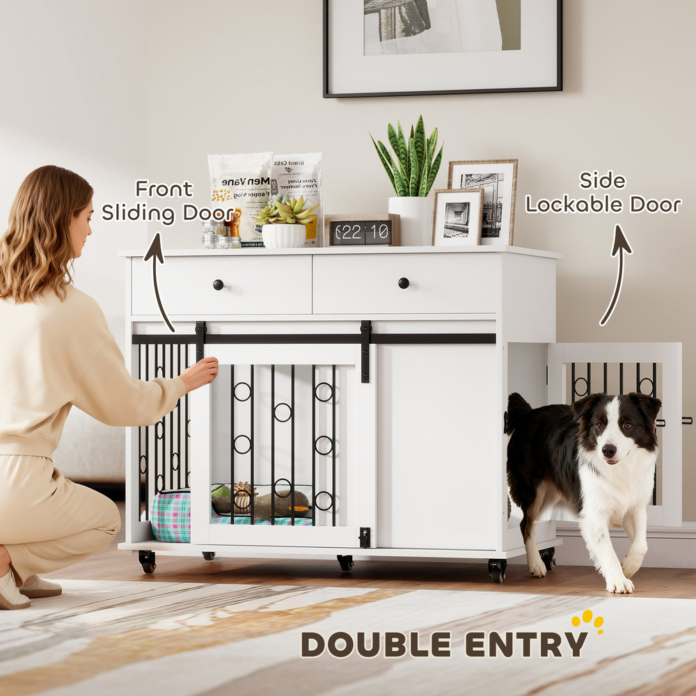 39" Dog Crate Furniture, Dog Kennel Indoor with 2 Drawers, Wheels, Sliding - view 6