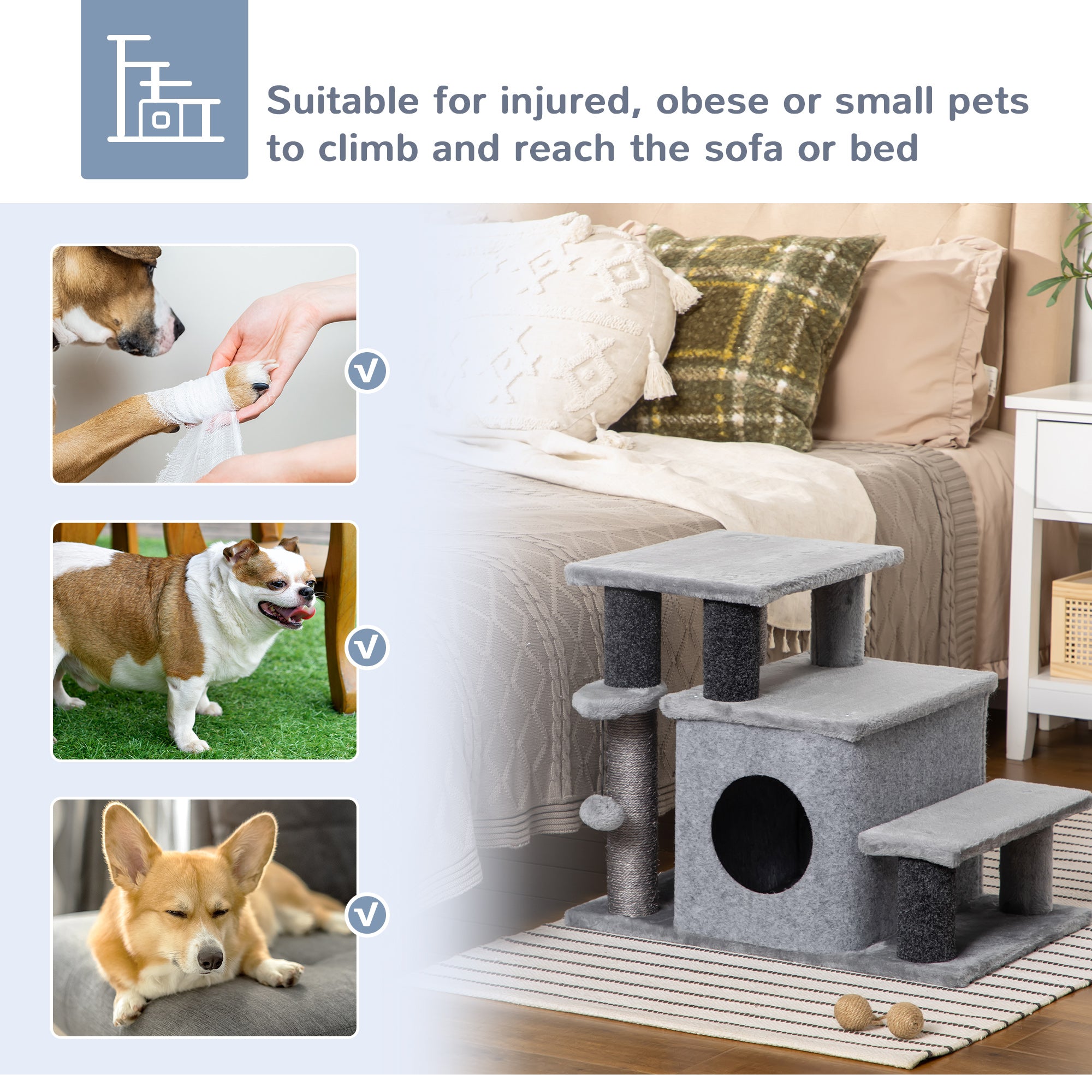 Cat Stairs Pet Steps for Couch Bed with Scratching Posts Condo Ball Toy, 23.6" - view 6