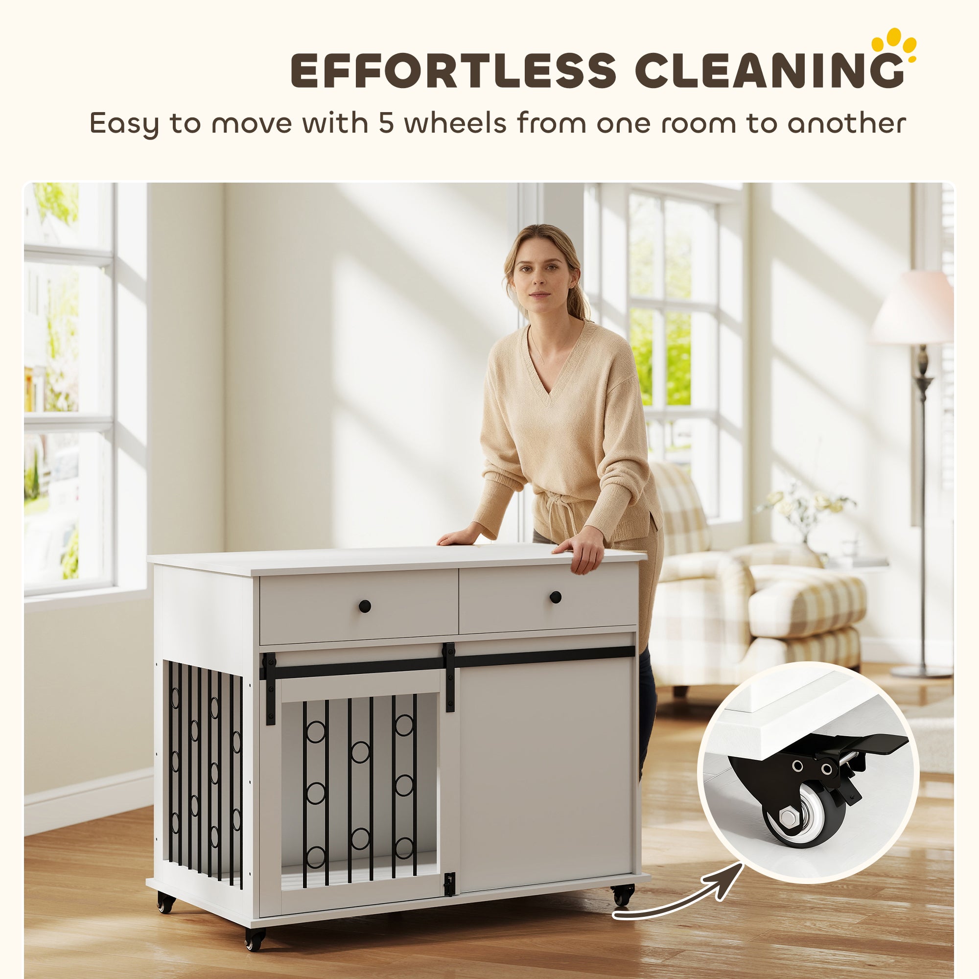 39" Dog Crate Furniture, Dog Kennel Indoor with 2 Drawers, Wheels, Sliding - view 5