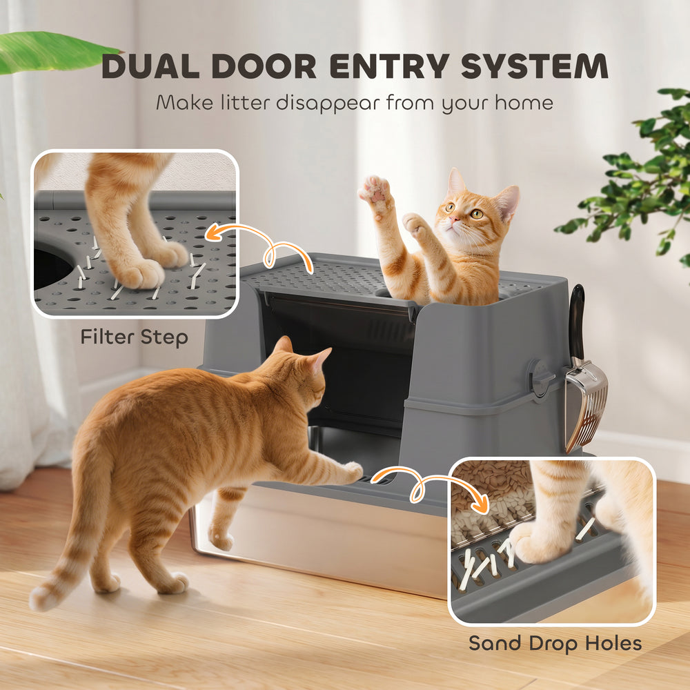 XL Stainless Steel Litter Box w/ 100 deg Flip Top, Scoop, Side Top Dual Entry - view 6