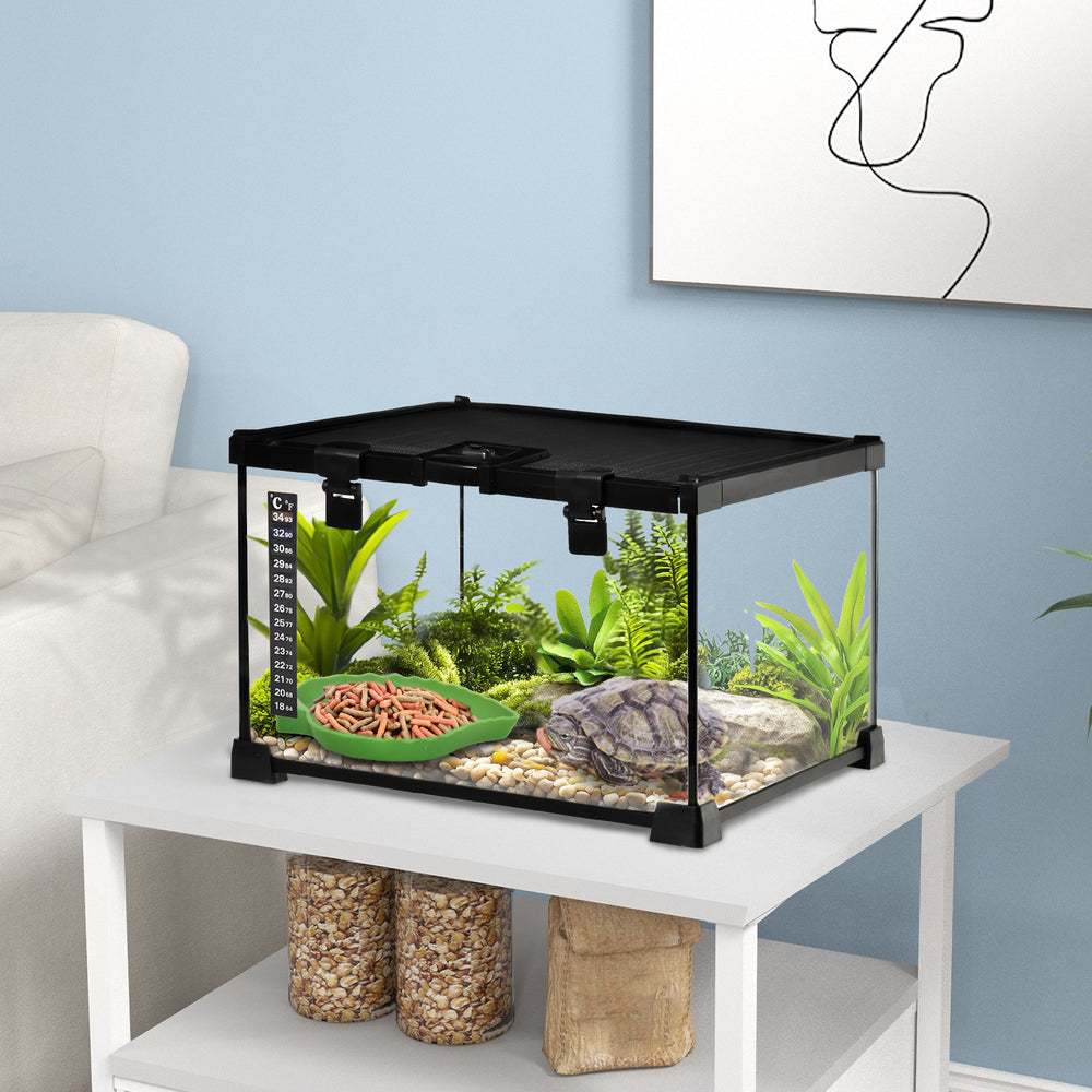 Glass Reptile Terrarium with Thermometer, Water Basin, Full View Visually - view 7