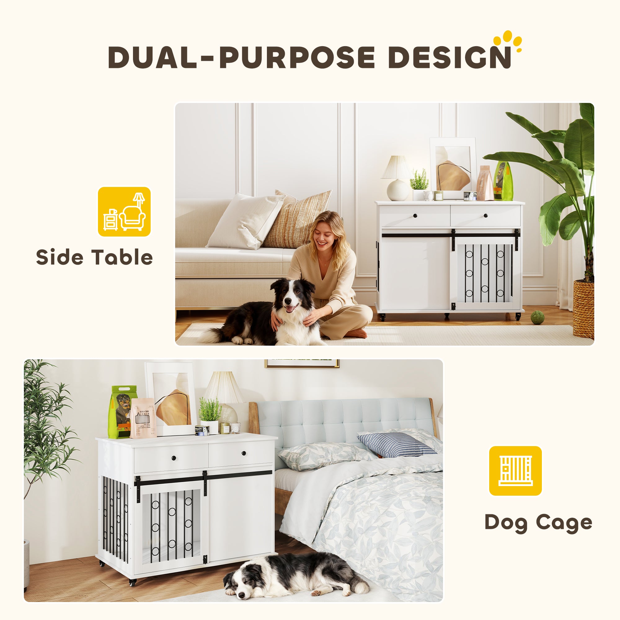 39" Dog Crate Furniture, Dog Kennel Indoor with 2 Drawers, Wheels, Sliding - view 3