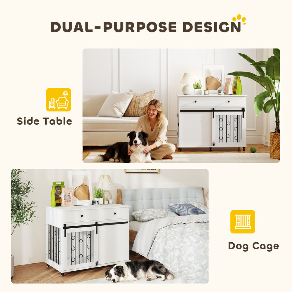 39" Dog Crate Furniture, Dog Kennel Indoor with 2 Drawers, Wheels, Sliding - view 3