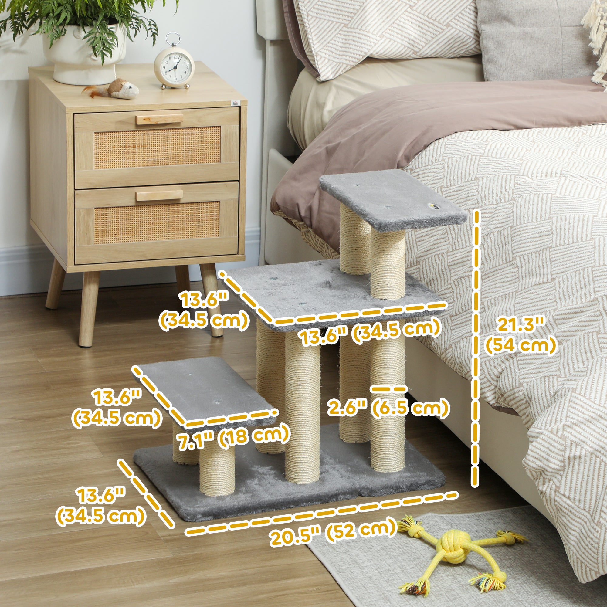 Cat Stairs with 2 Sisal Scratching Post for High Bed Couch, Adjustable 3-Tier - view 2
