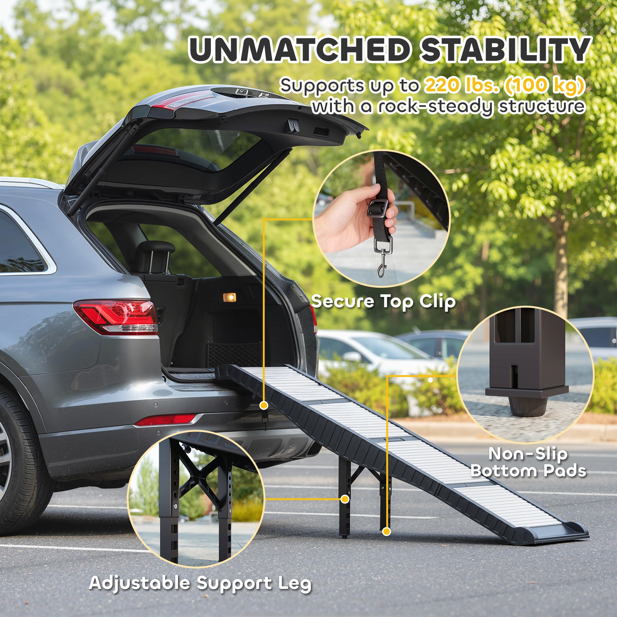 Foldable Dog Car Ramp with Support Leg, Non-Slip TPR Surface, 69" x 15.7" - view 4