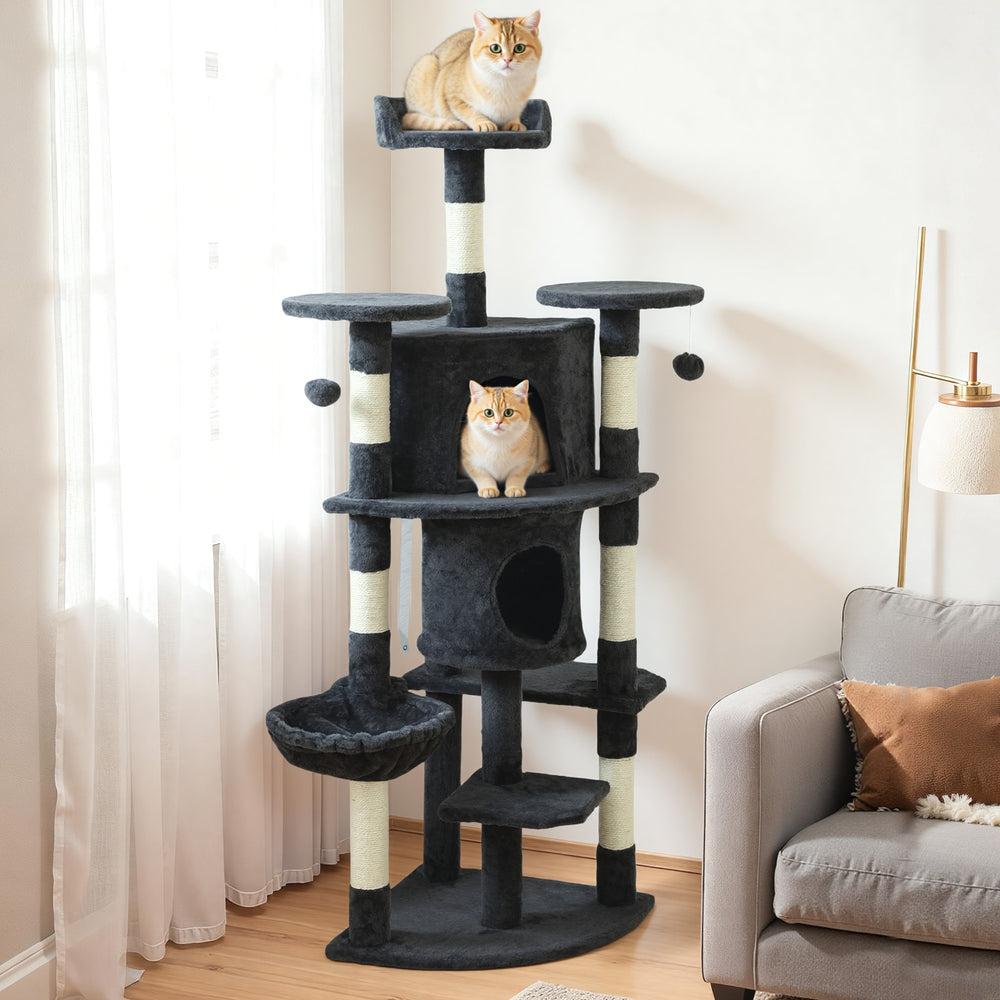 62" Cat Tree with Scratching Post, 2 Condos, Hammock, Perches, Plush, Pompoms - view 7
