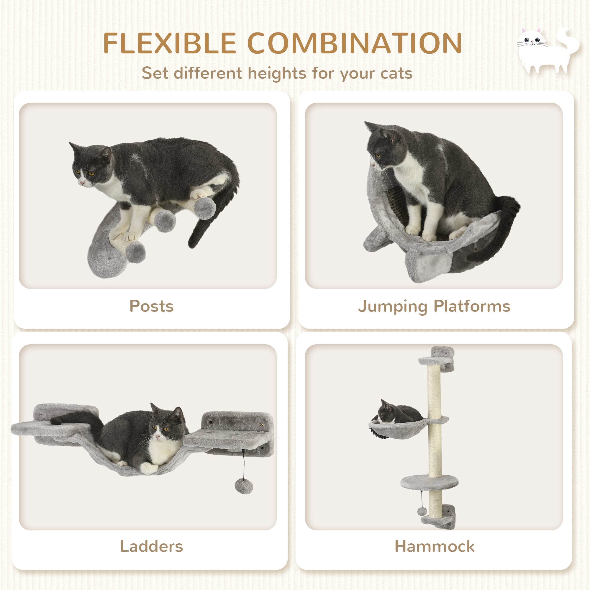 4Pcs Cat Wall Shelf with Scratching Post, Cat Wall Shelves for Relaxing - view 4
