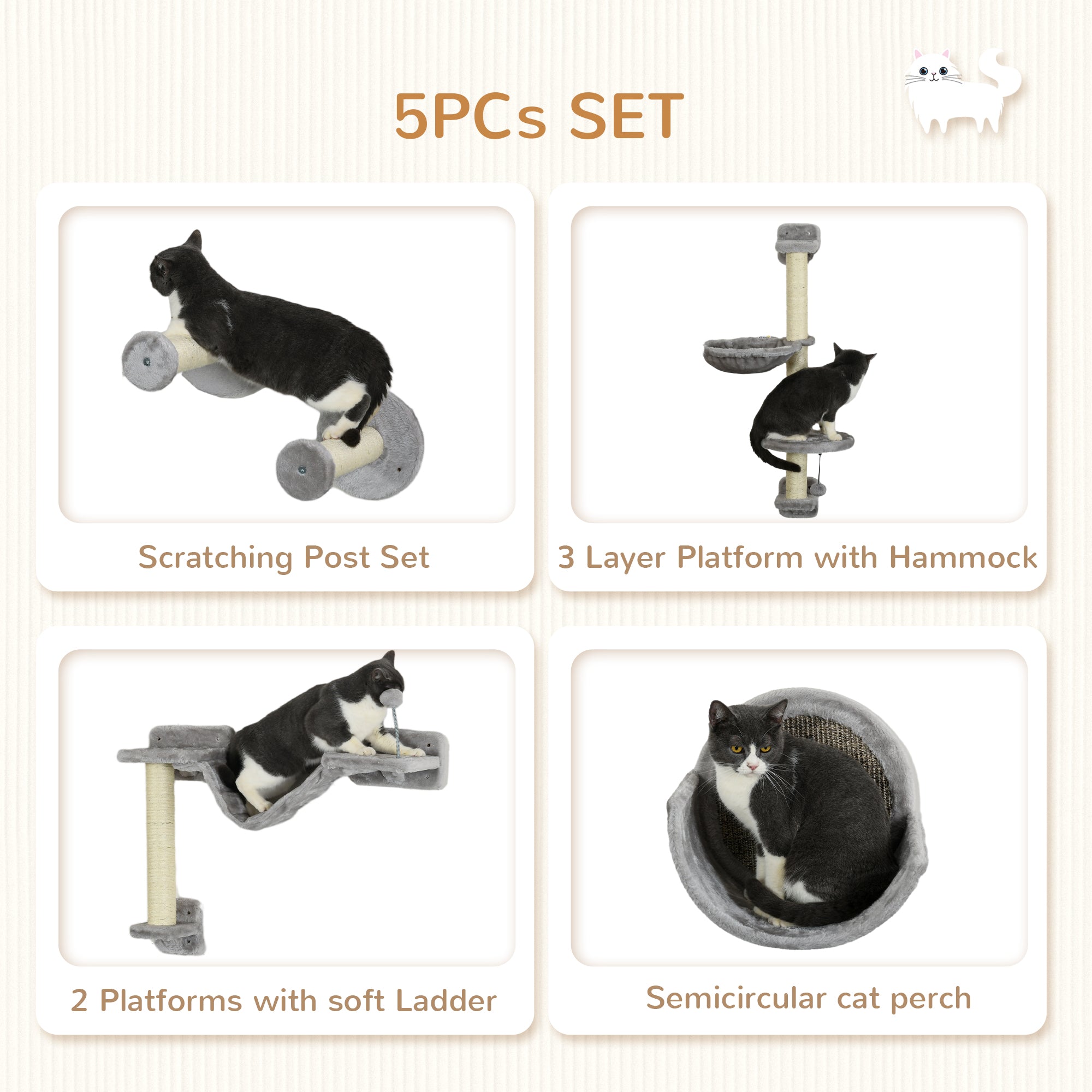 5PCs Cat Wall Shelves with Hammock, Scratching Posts, Perches, Ladder - view 4