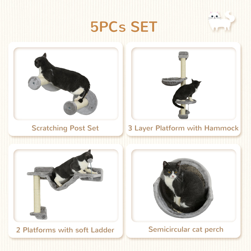 5PCs Cat Wall Shelves with Hammock, Scratching Posts, Perches, Ladder - view 4